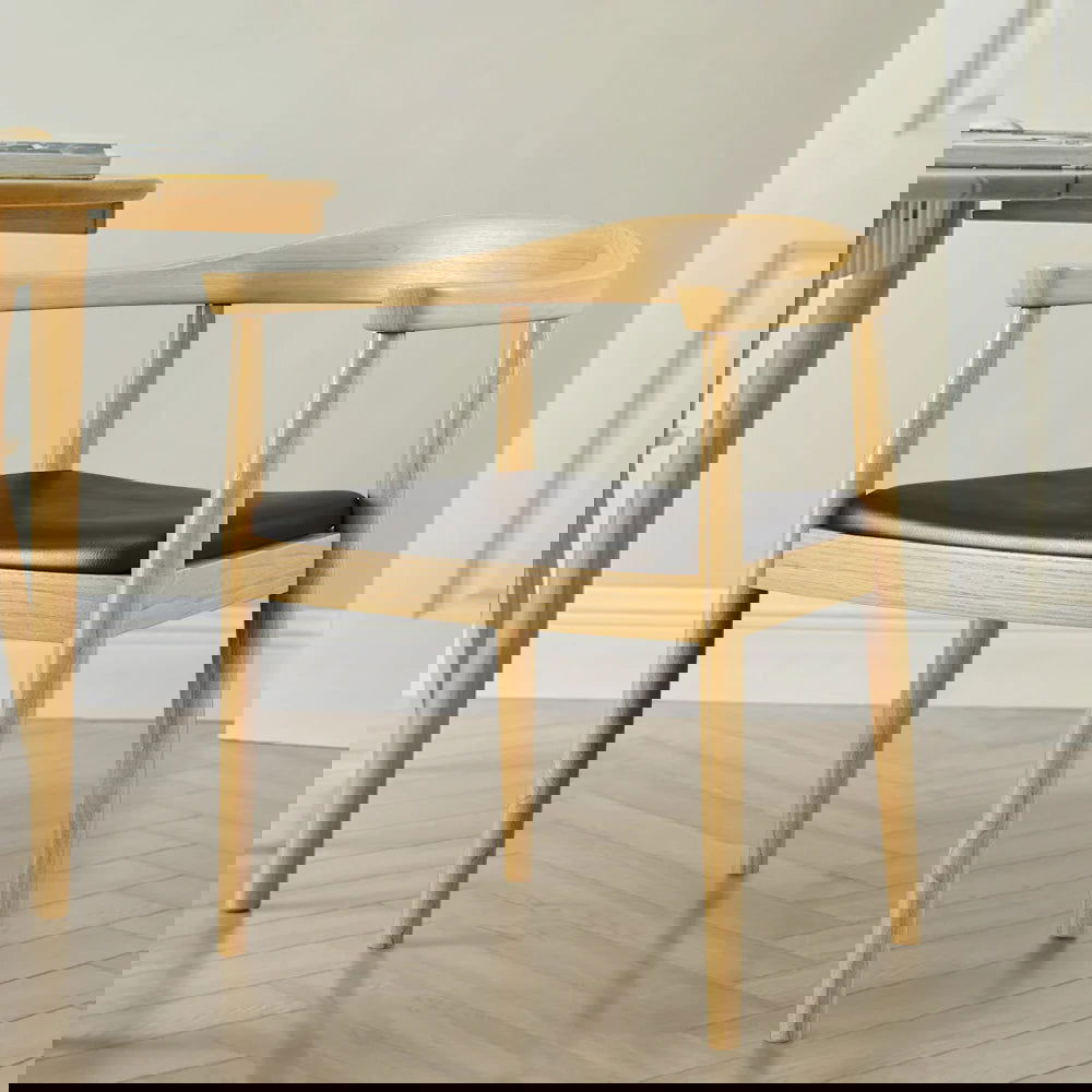 Modern 4-Piece Curved Back Dining Chair Upholstered Leather Natural Wooden Armchair - Homary