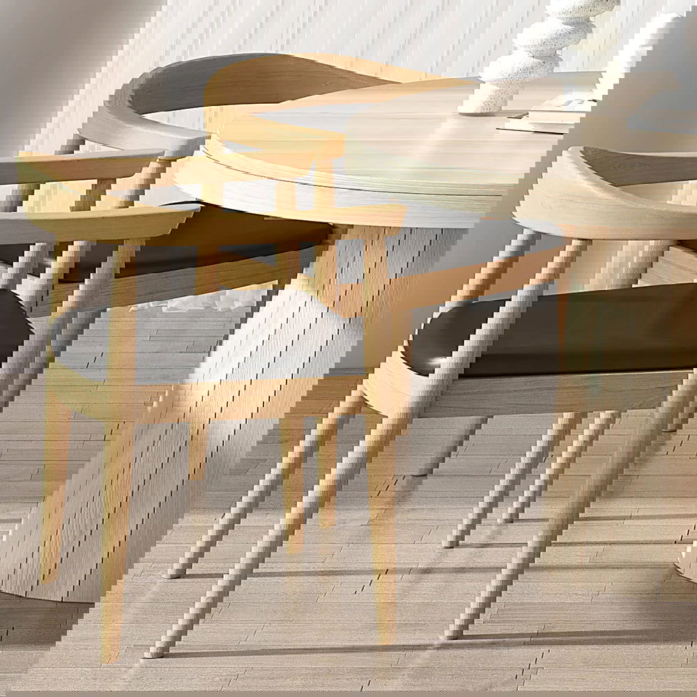 Modern 4-Piece Curved Back Dining Chair Upholstered Leather Natural Wooden Armchair - Homary