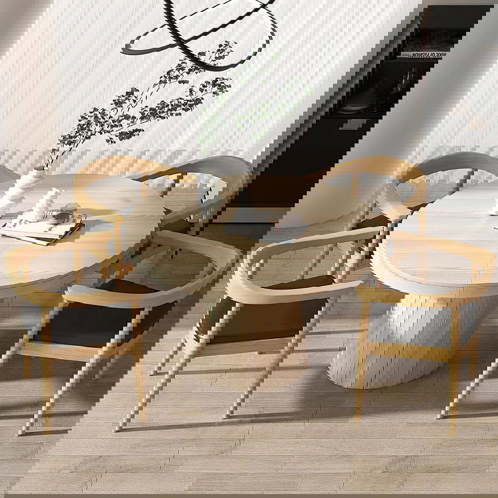 Modern 4-Piece Curved Back Dining Chair Upholstered Leather Natural Wooden Armchair - Homary