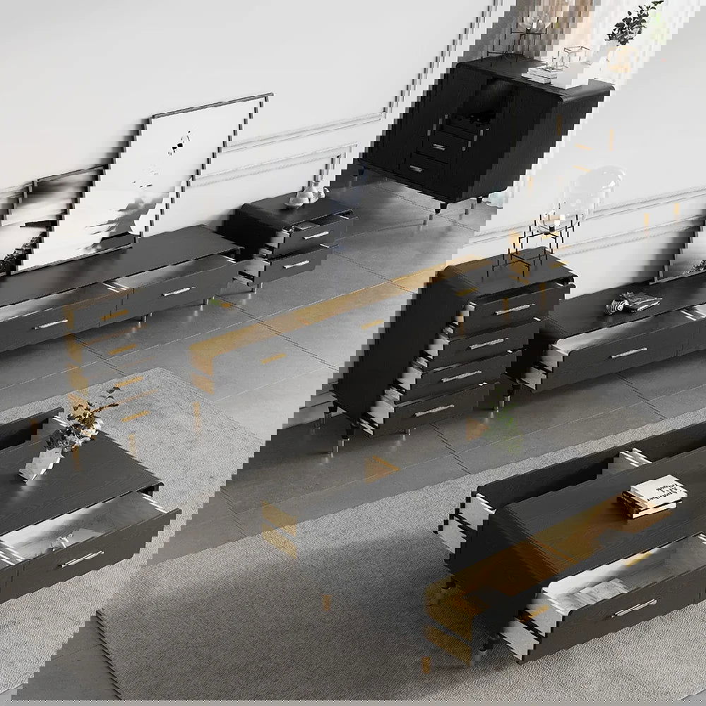 Modern 63 Inch Black TV Stand Rectangle Media Stand Wood TV Console with 3 Drawers - 