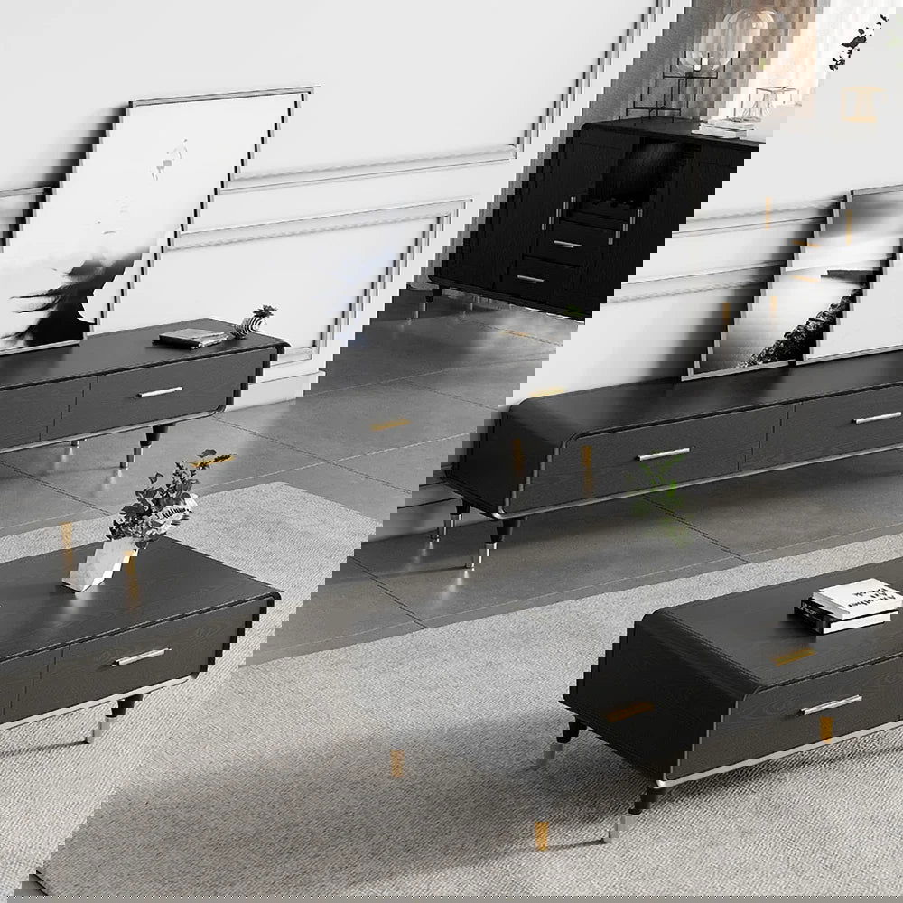 Modern 63 Inch Black TV Stand Rectangle Media Stand Wood TV Console with 3 Drawers - Homary