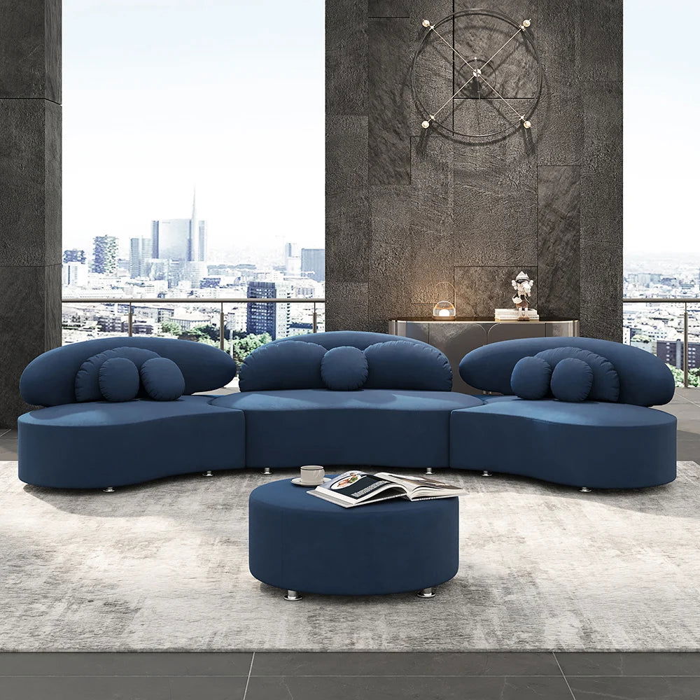 Modern 7-Seat Sofa Curved Sectional Modular Blue Velvet Upholstered with Ottoman - 