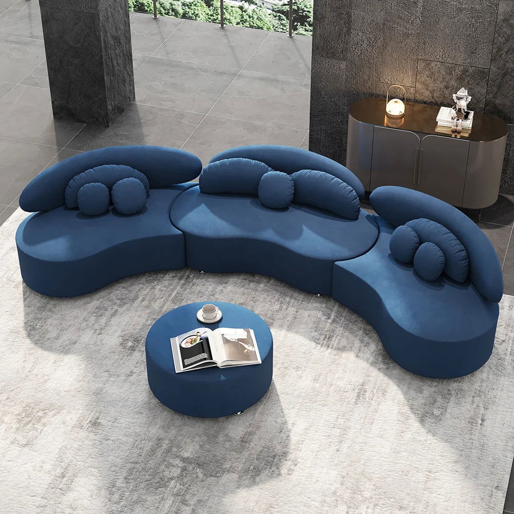Modern 7-Seat Sofa Curved Sectional Modular Blue Velvet Upholstered with Ottoman - 