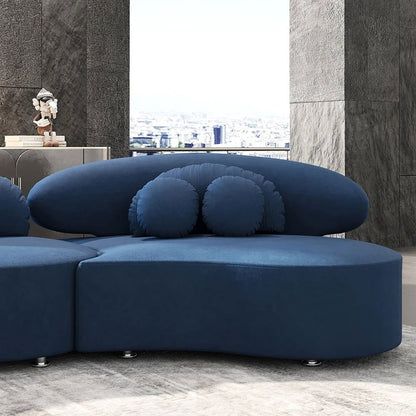 Modern 7-Seat Sofa Curved Sectional Modular Blue Velvet Upholstered with Ottoman - 