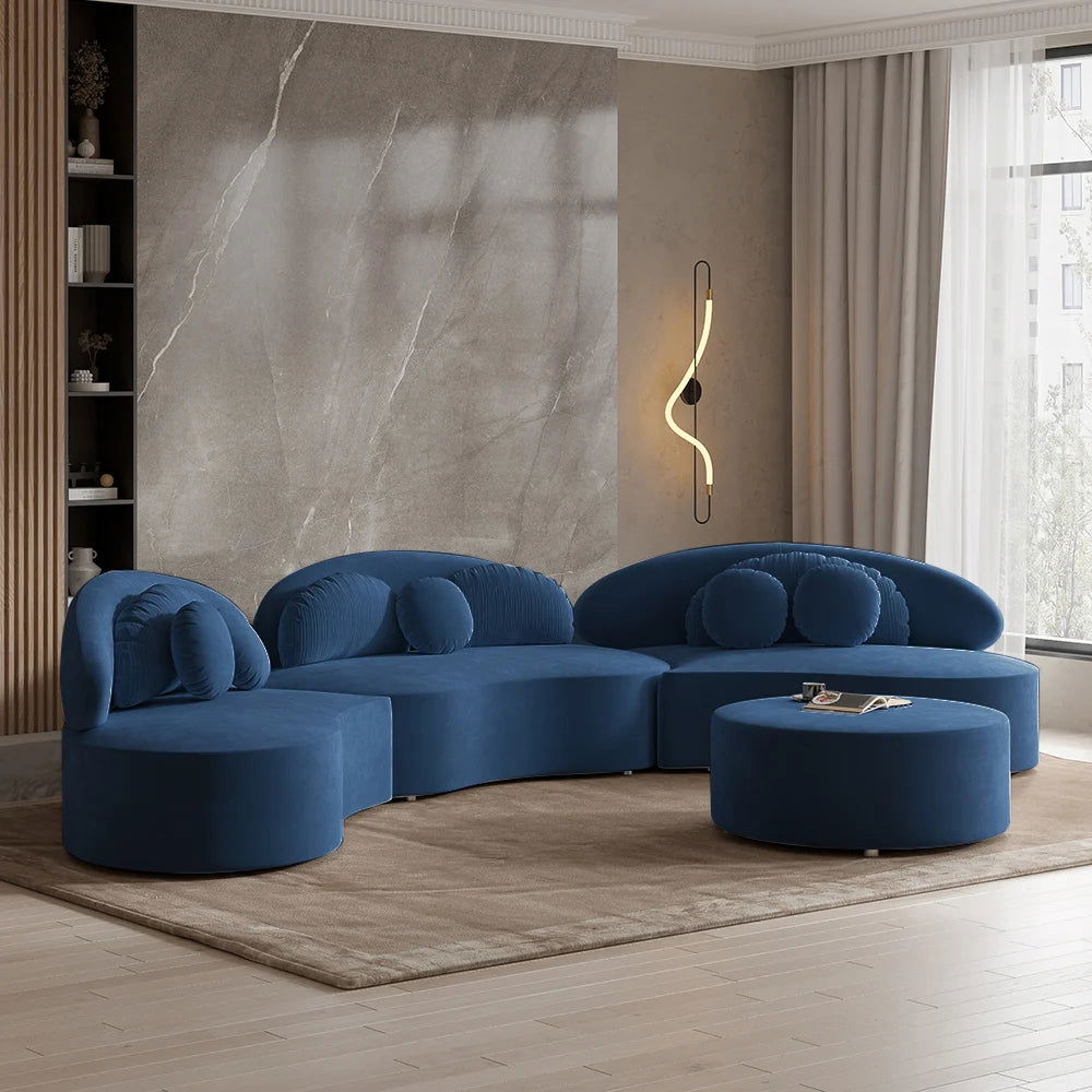 Modern 7-Seat Sofa Curved Sectional Modular Blue Velvet Upholstered with Ottoman - 