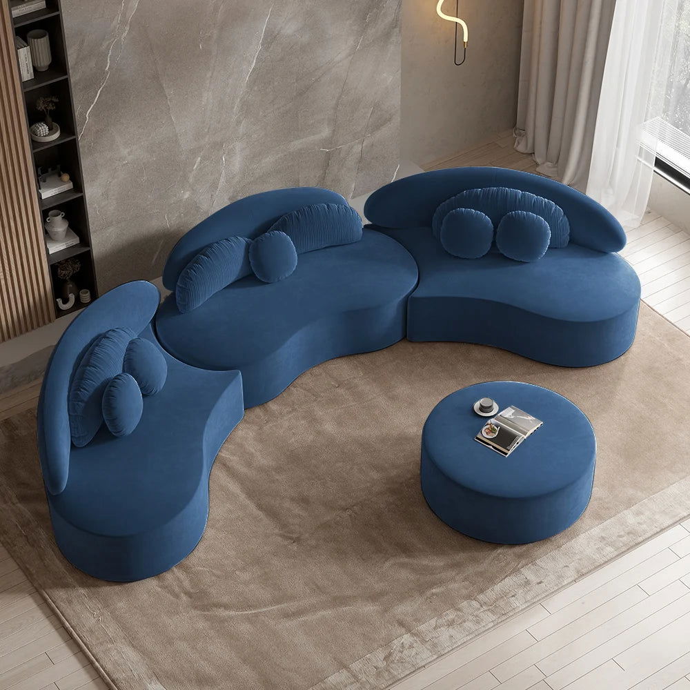 Modern 7-Seat Sofa Curved Sectional Modular Blue Velvet Upholstered with Ottoman - 