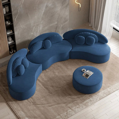 Modern 7-Seat Sofa Curved Sectional Modular Blue Velvet Upholstered with Ottoman - 