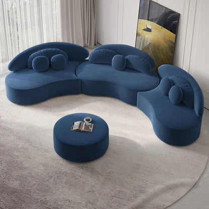 Modern 7-Seat Sofa Curved Sectional Modular Blue Velvet Upholstered with Ottoman - 