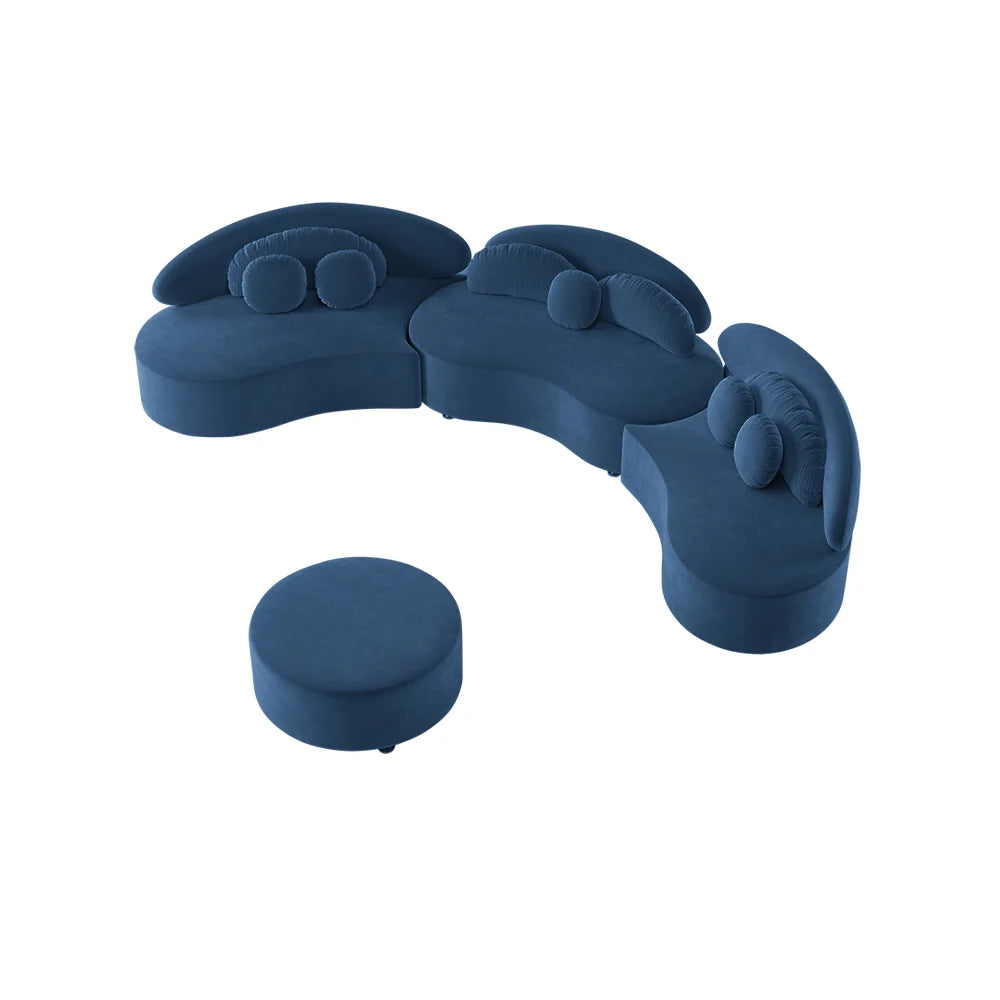 Modern 7-Seat Sofa Curved Sectional Modular Blue Velvet Upholstered with Ottoman - 