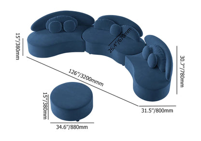 Modern 7-Seat Sofa Curved Sectional Modular Blue Velvet Upholstered with Ottoman - 