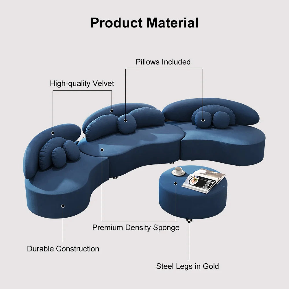 Modern 7-Seat Sofa Curved Sectional Modular Blue Velvet Upholstered with Ottoman - 