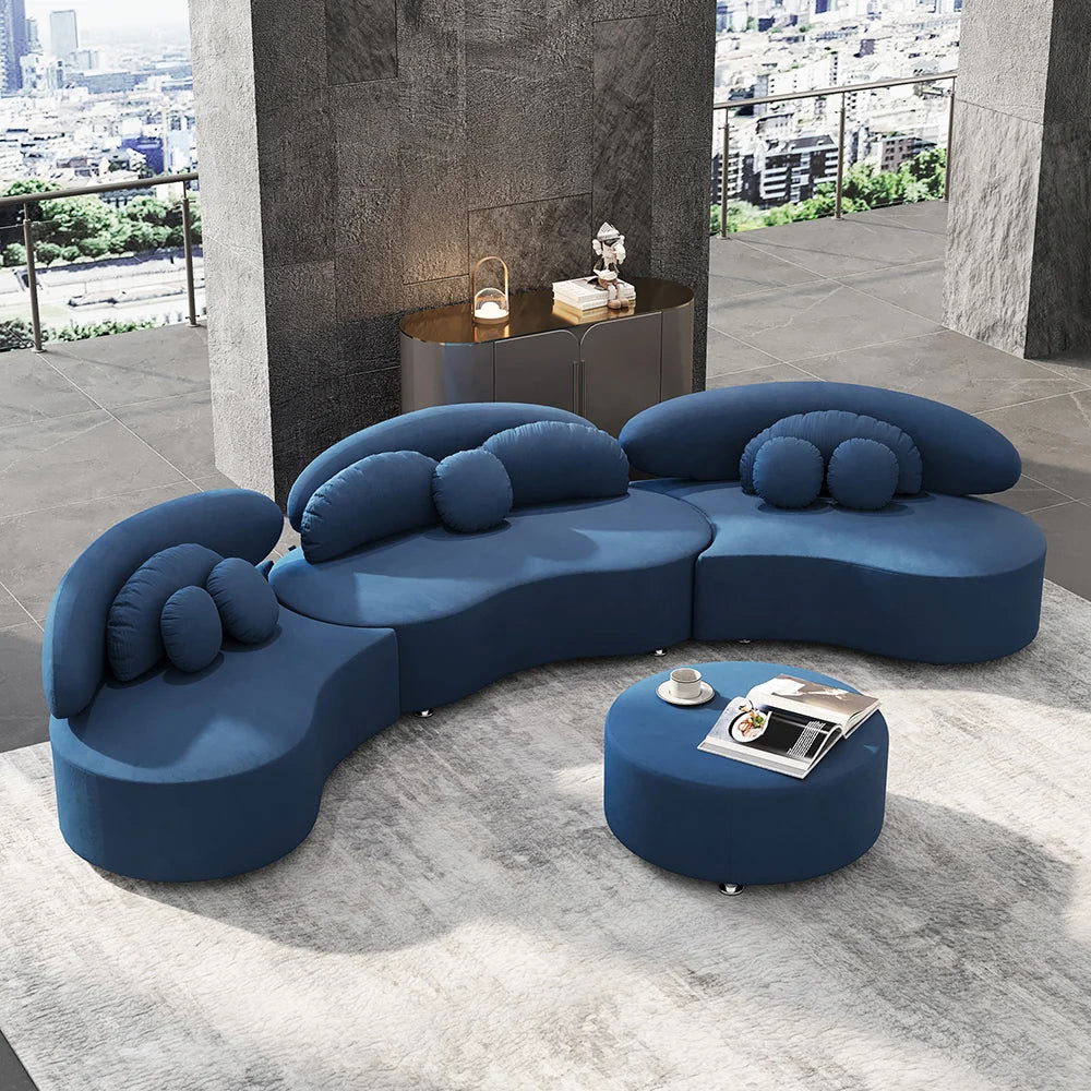 Modern 7-Seat Sofa Curved Sectional Modular Blue Velvet Upholstered with Ottoman - Homary