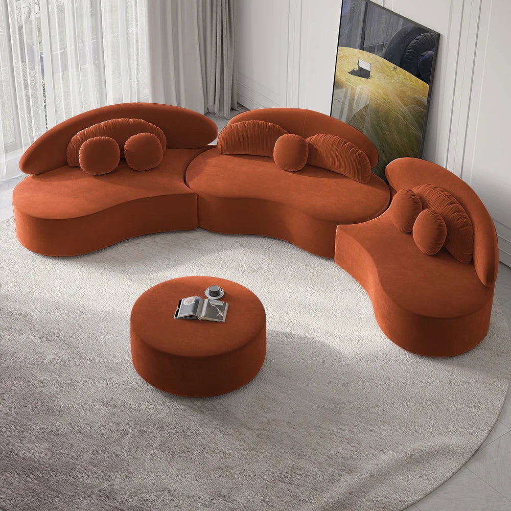 Modern 7-Seat Sofa Curved Sectional Modular Orange Velvet Upholstered with Ottoman - 