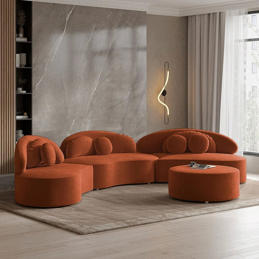 Modern 7-Seat Sofa Curved Sectional Modular Orange Velvet Upholstered with Ottoman - 