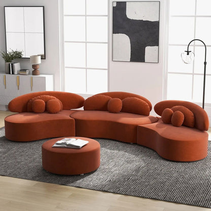 Modern 7-Seat Sofa Curved Sectional Modular Orange Velvet Upholstered with Ottoman - 