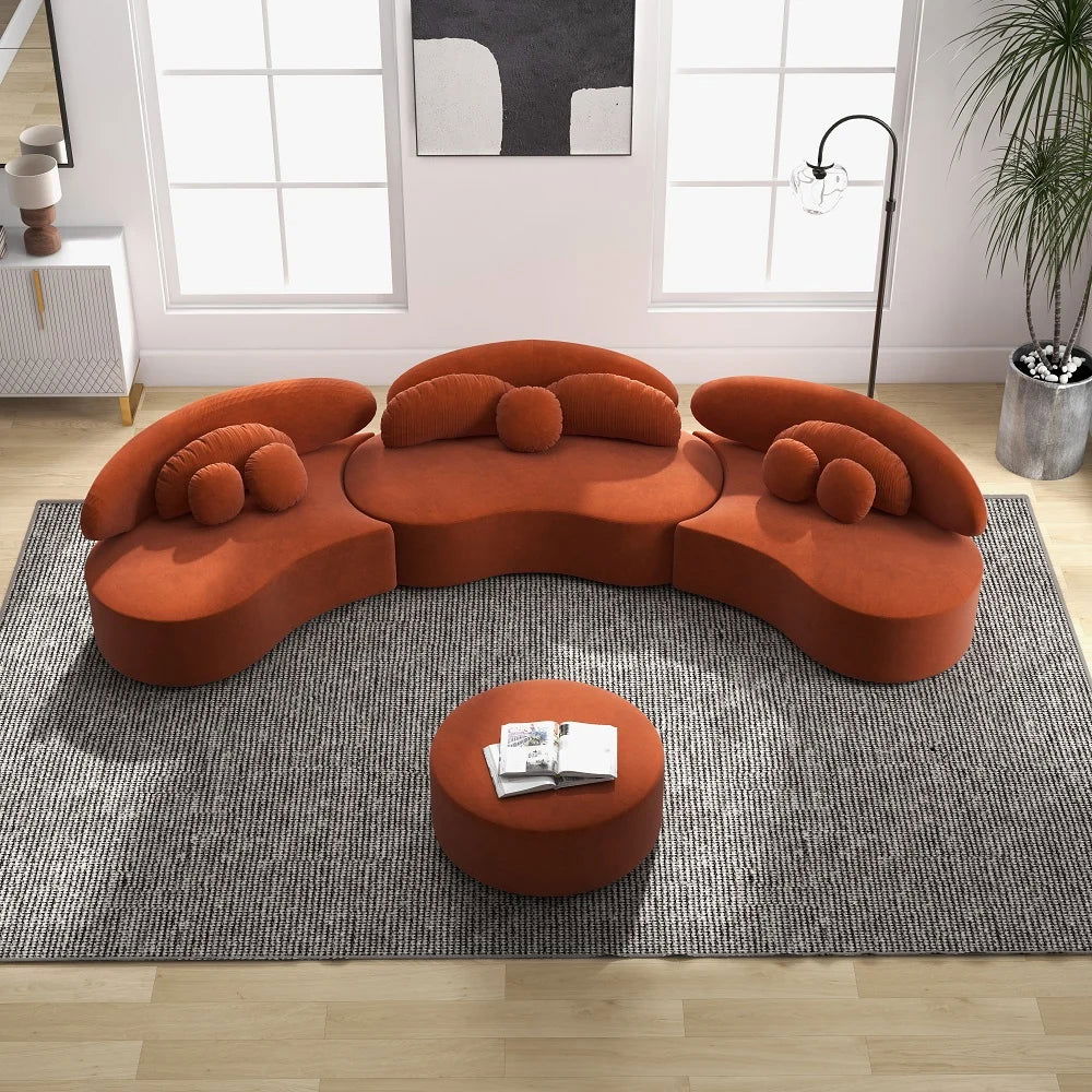 Modern 7-Seat Sofa Curved Sectional Modular Orange Velvet Upholstered with Ottoman - 