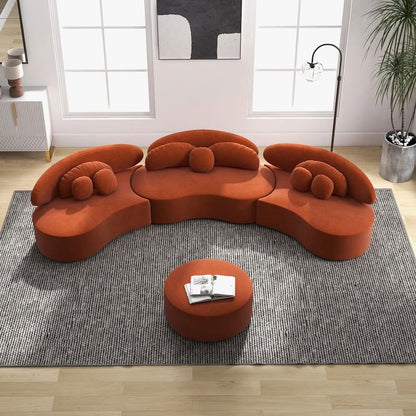 Modern 7-Seat Sofa Curved Sectional Modular Orange Velvet Upholstered with Ottoman - 