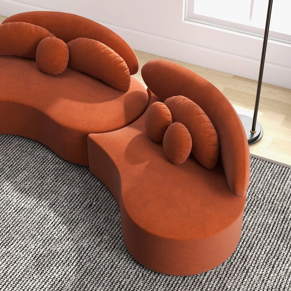 Modern 7-Seat Sofa Curved Sectional Modular Orange Velvet Upholstered with Ottoman - 