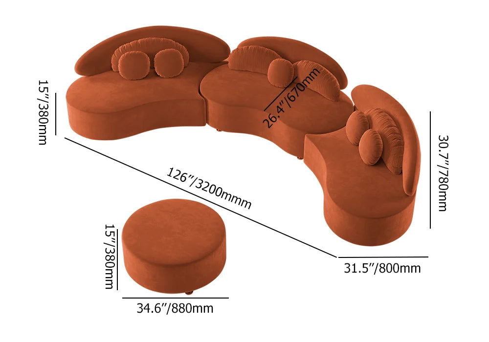 Modern 7-Seat Sofa Curved Sectional Modular Orange Velvet Upholstered with Ottoman - 