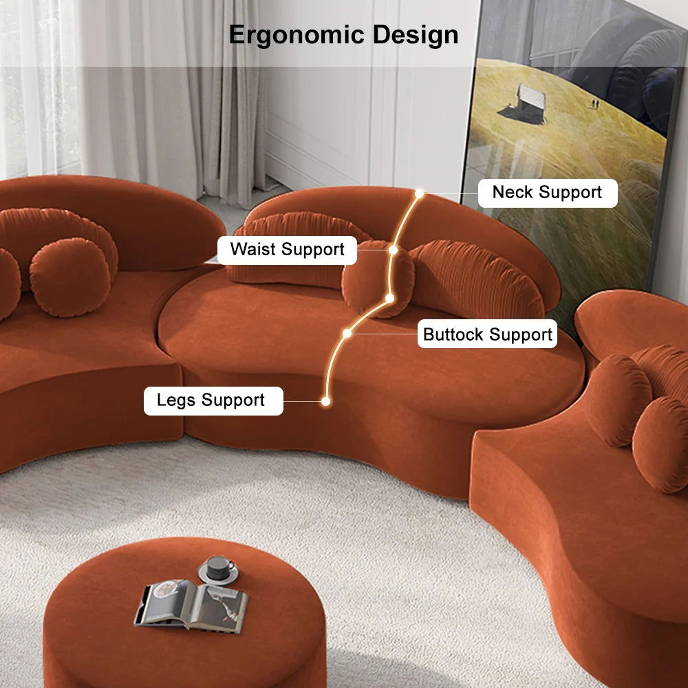 Modern 7-Seat Sofa Curved Sectional Modular Orange Velvet Upholstered with Ottoman - 