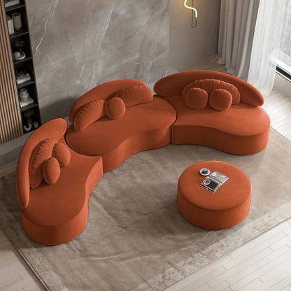 Modern 7-Seat Sofa Curved Sectional Modular Orange Velvet Upholstered with Ottoman - Homary