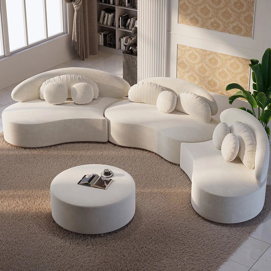 Modern 7 Seat Sectional Sofa Curved Modular Beige Velvet Upholstered with Ottoman - Homary