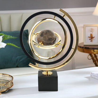 Modern Abstract Metal Black & Gold Globe Ornament Sculpture Decor with Rectangle Stand - 