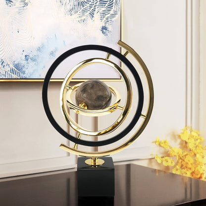 Modern Abstract Metal Black & Gold Globe Ornament Sculpture Decor with Rectangle Stand - 