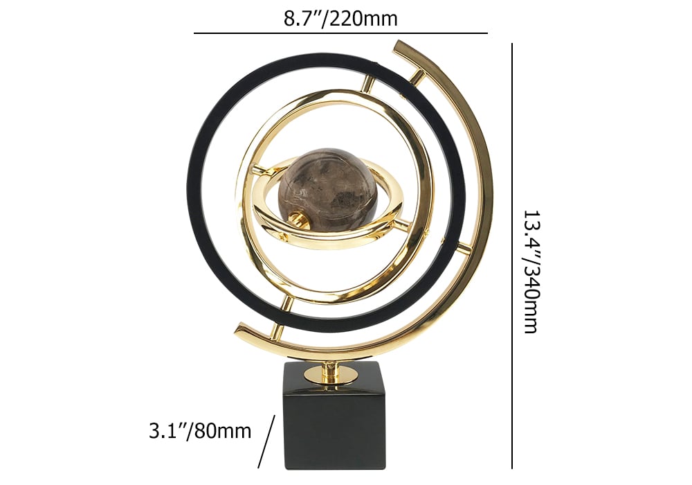 Modern Abstract Metal Black & Gold Globe Ornament Sculpture Decor with Rectangle Stand - 