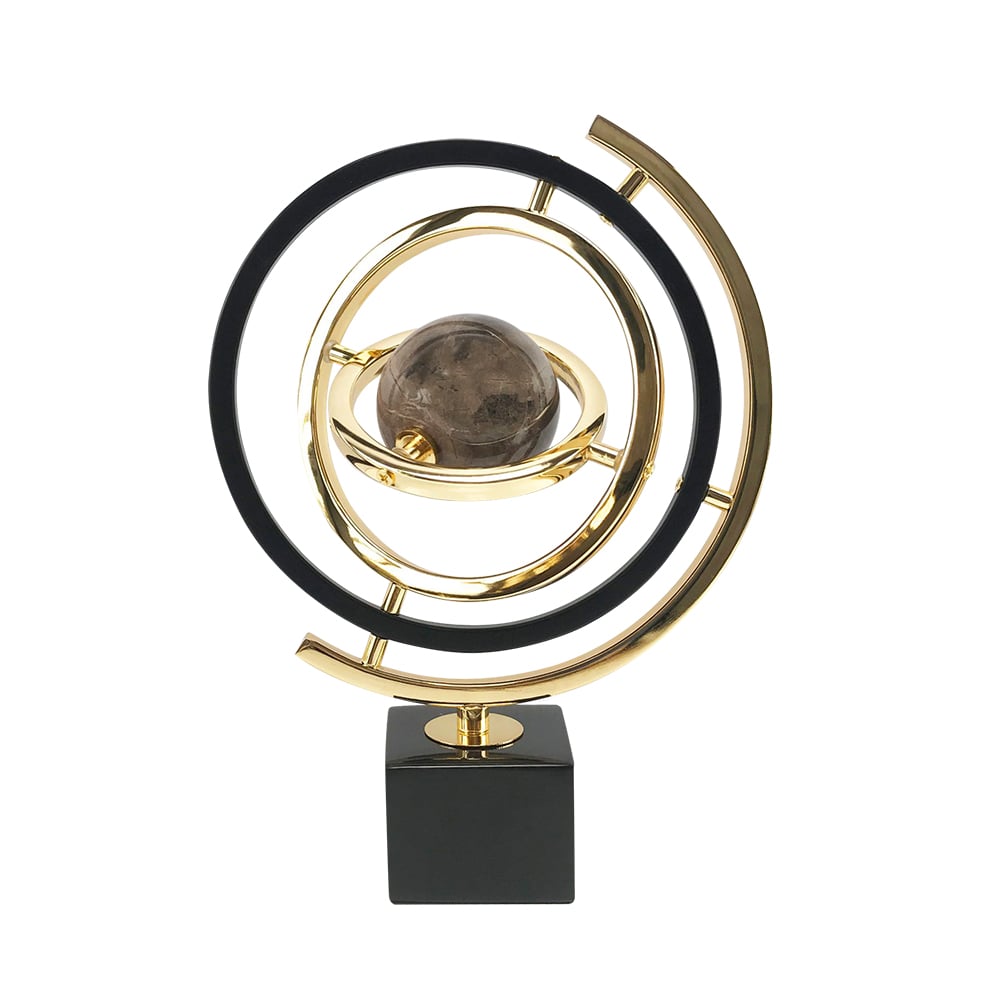 Modern Abstract Metal Black & Gold Globe Ornament Sculpture Decor with Rectangle Stand - 
