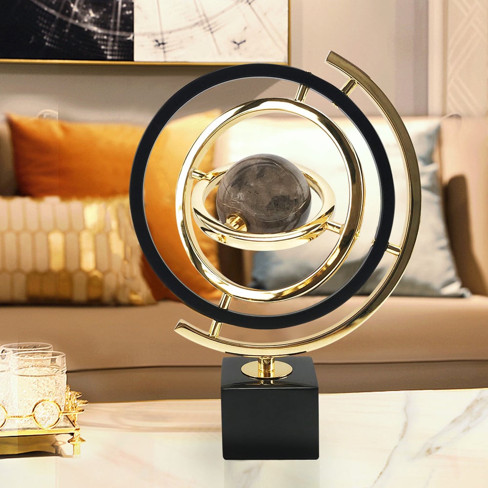 Modern Abstract Metal Black & Gold Globe Ornament Sculpture Decor with Rectangle Stand - 