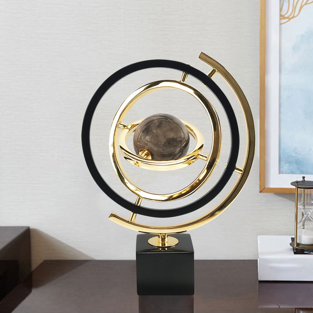 Modern Abstract Metal Black & Gold Globe Ornament Sculpture Decor with Rectangle Stand - Homary