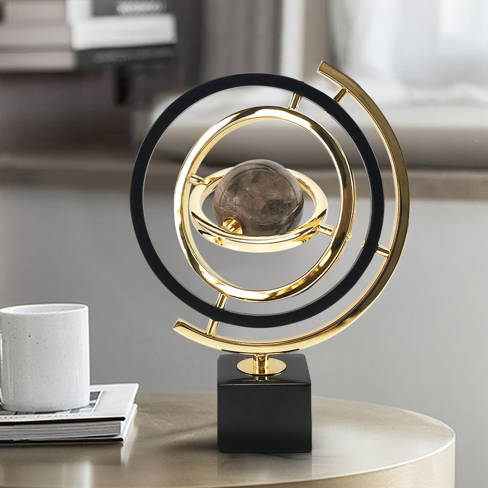 Modern Abstract Metal Black & Gold Globe Ornament Sculpture Decor with Rectangle Stand - Homary