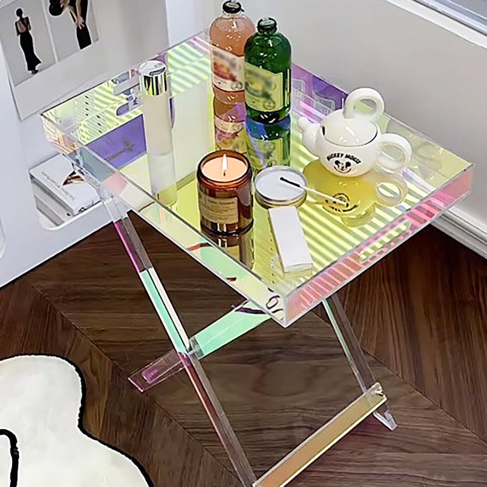Modern Acrylic Folding Side Table Clear Square Iridescent End Table - 