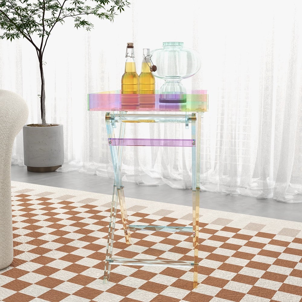 Modern Acrylic Folding Side Table Clear Square Iridescent End Table - 