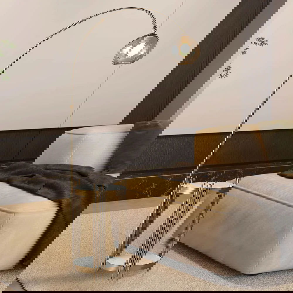 Modern Arc Floor Lamp End Table with Glass Shade, Wireless Charger & USB Port - 