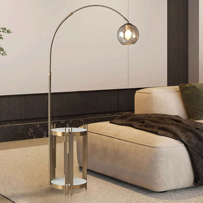 Modern Arc Floor Lamp End Table with Glass Shade, Wireless Charger & USB Port - 