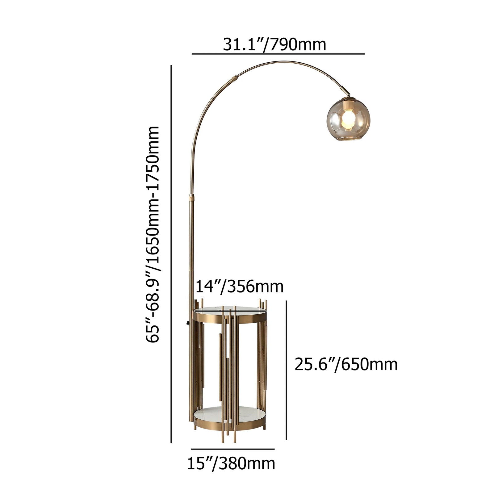 Modern Arc Floor Lamp End Table with Glass Shade, Wireless Charger & USB Port - 