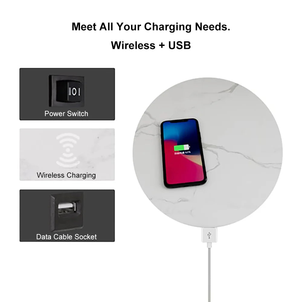 Modern Arc Floor Lamp End Table with Glass Shade, Wireless Charger & USB Port - 