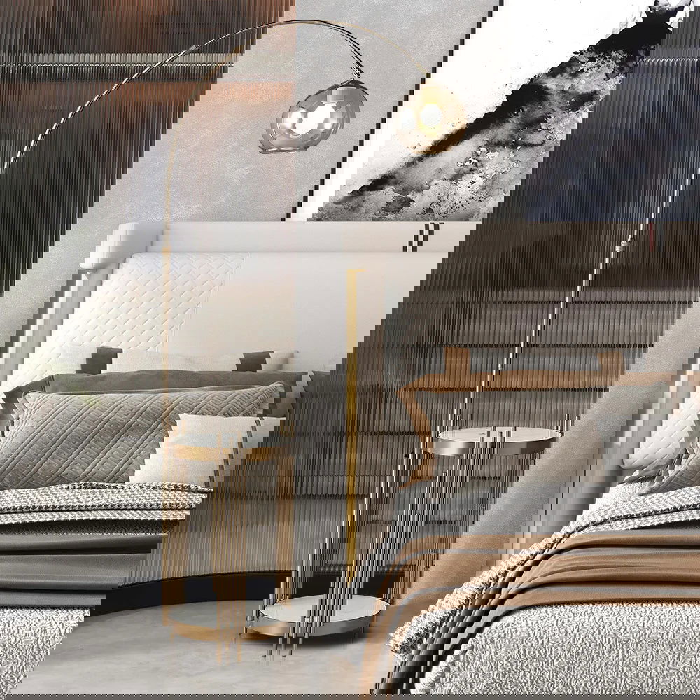 Modern Arc Floor Lamp End Table with Glass Shade, Wireless Charger & USB Port - 