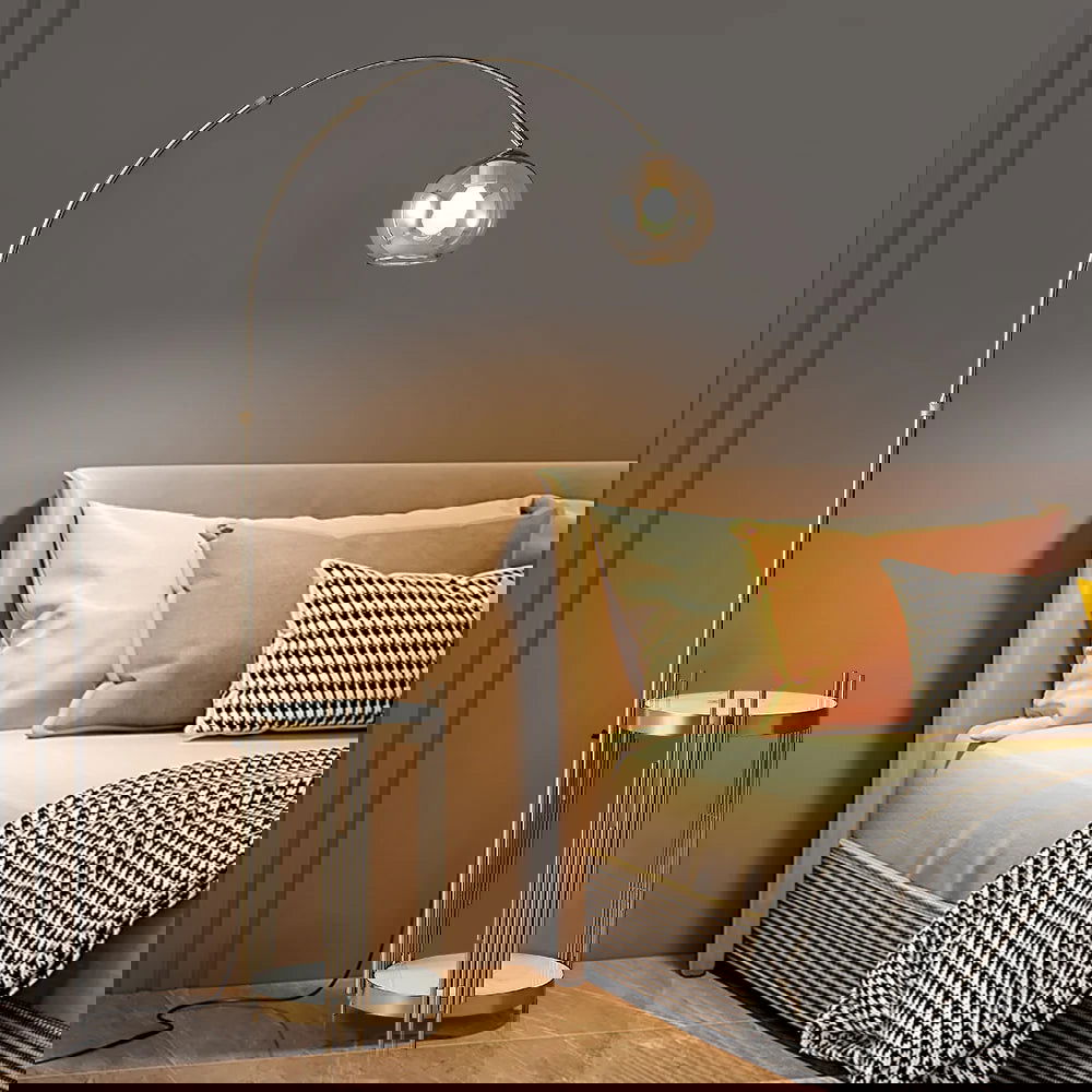 Modern Arc Floor Lamp End Table with Glass Shade, Wireless Charger & USB Port - Homary