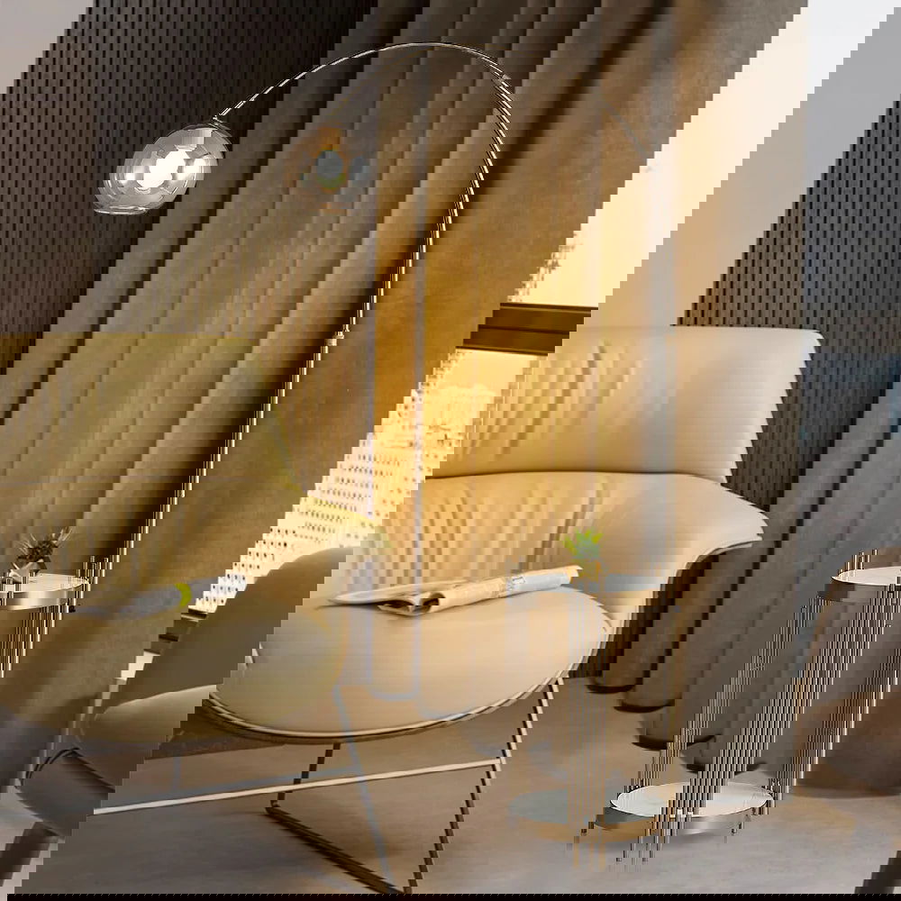 Modern Arc Floor Lamp End Table with Glass Shade, Wireless Charger & USB Port - Homary