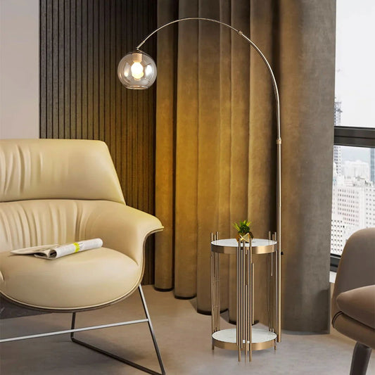 Modern Arc Floor Lamp End Table with Glass Shade, Wireless Charger & USB Port - Homary