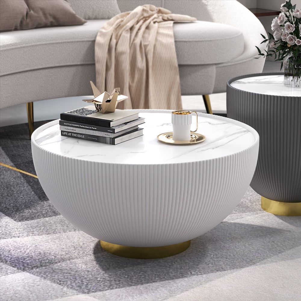 Modern Beige Drum Coffee Table Sintered Stone Round PU-Leather Accent Table in Gold - 