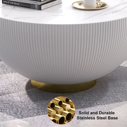 Modern Beige Drum Coffee Table Sintered Stone Round PU-Leather Accent Table in Gold - 