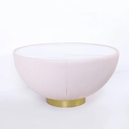 Modern Beige Drum Coffee Table Sintered Stone Round PU-Leather Accent Table in Gold - 