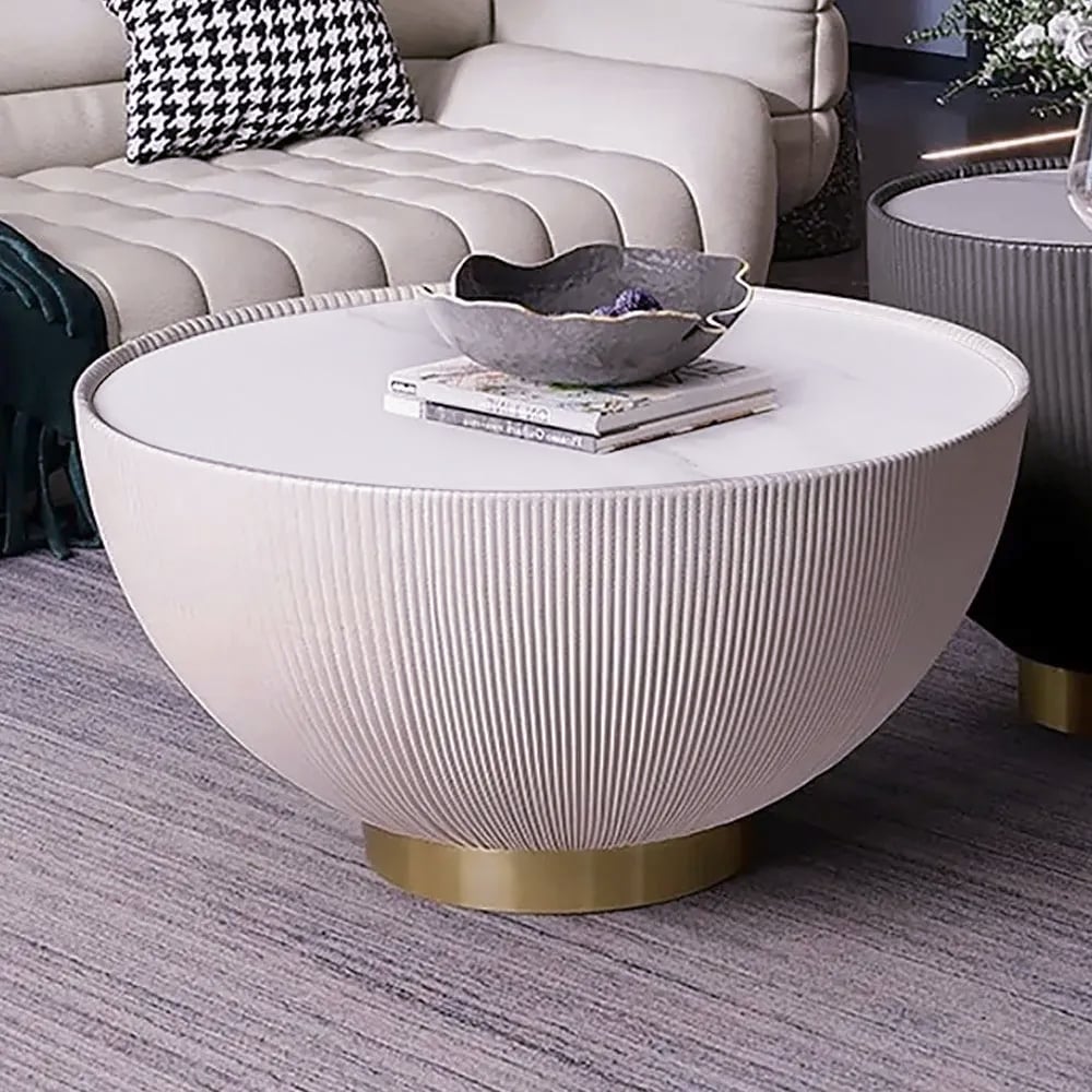 Modern Beige Drum Coffee Table Sintered Stone Round PU-Leather Accent Table in Gold - 
