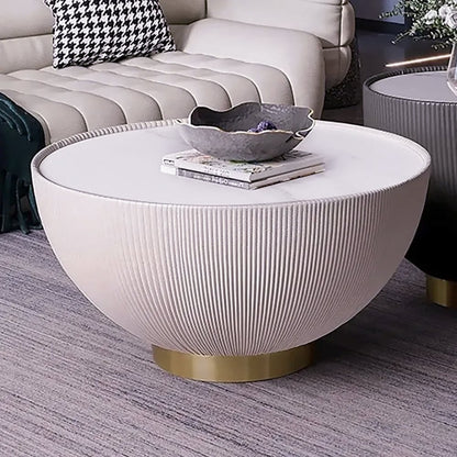 Modern Beige Drum Coffee Table Sintered Stone Round PU-Leather Accent Table in Gold - 
