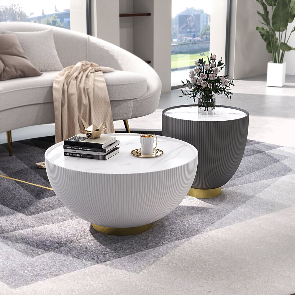 Modern Beige Drum Coffee Table Sintered Stone Round PU-Leather Accent Table in Gold - Homary