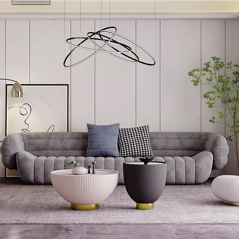 Modern Beige & Gray Drum Sintered Stone Round PU-Leather Coffee Table Set - 